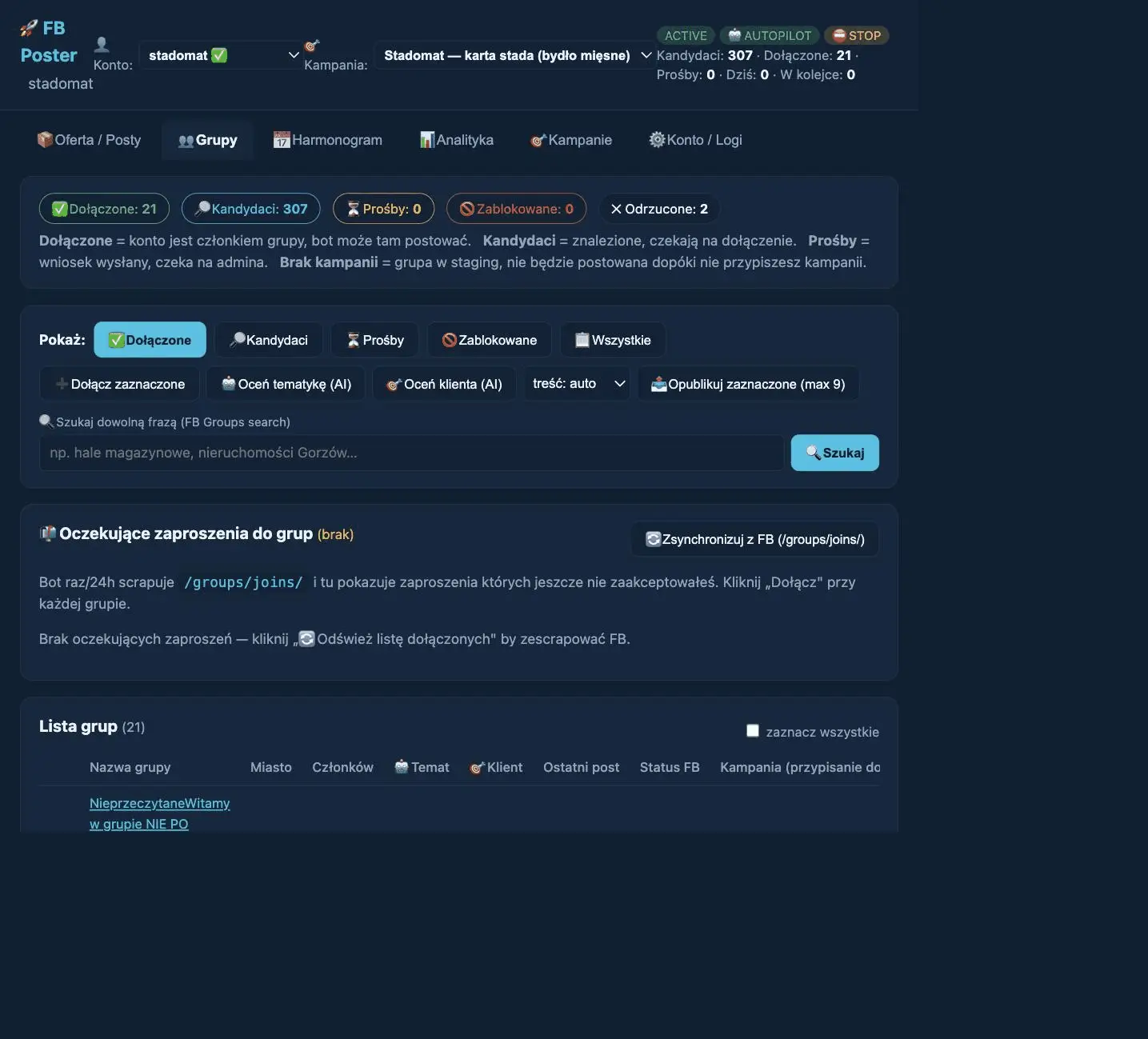 FB Poster panel: Groups tab with the candidate funnel and a list of joined farming groups