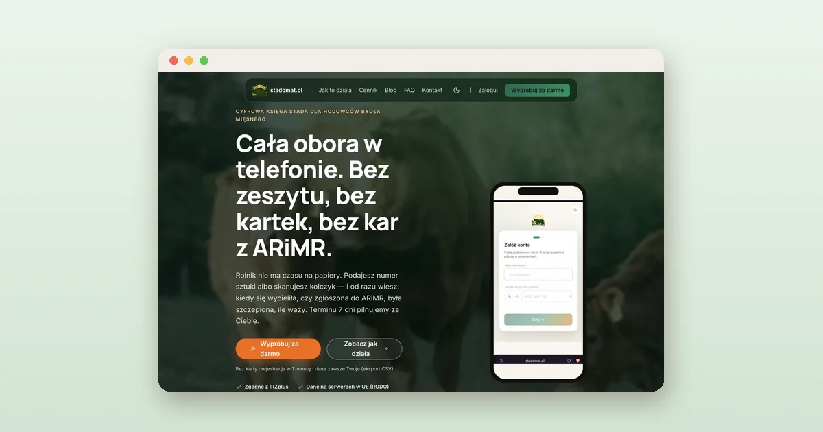 Strona Stadomatu, aplikacji dla hodowców bydła: cała obora w telefonie, bez zeszytu i kartek, z podglądem aplikacji na smartfonie.