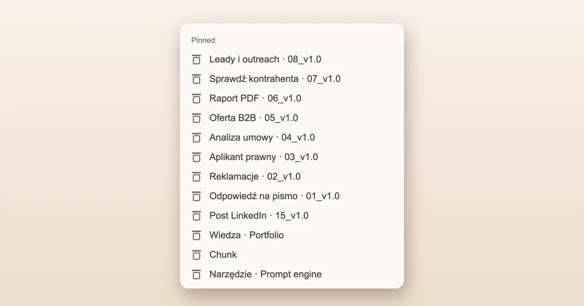 Lista przypiętych projektów w Claude: Leady i outreach, Sprawdź kontrahenta, Raport PDF, Oferta B2B, Analiza umowy i inne.