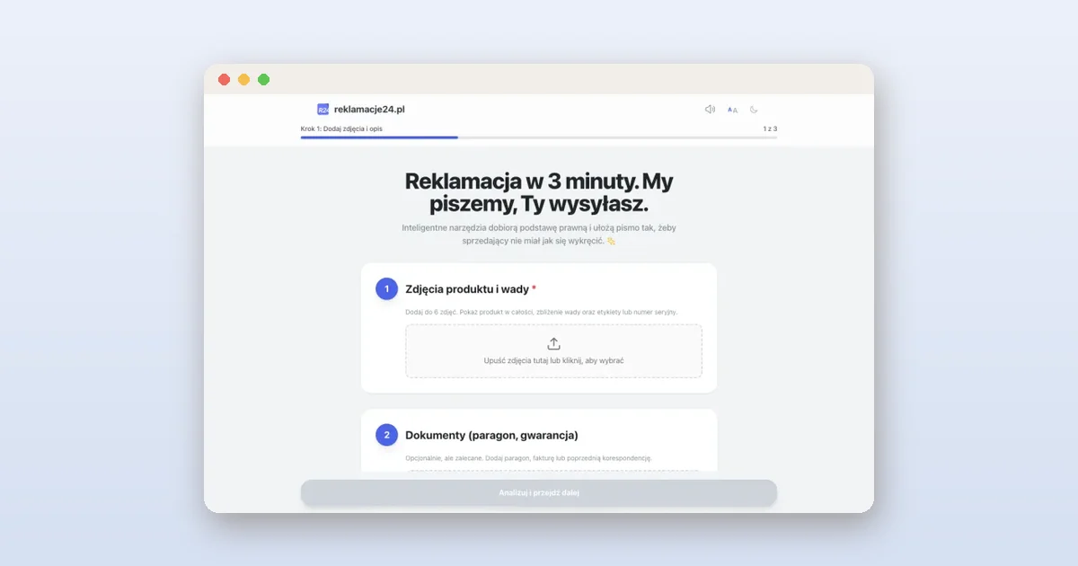 Formularz Reklamacje24: zdjęcia produktu i wady oraz dokumenty zakupu, z których AI przygotowuje odpowiedź na reklamację.