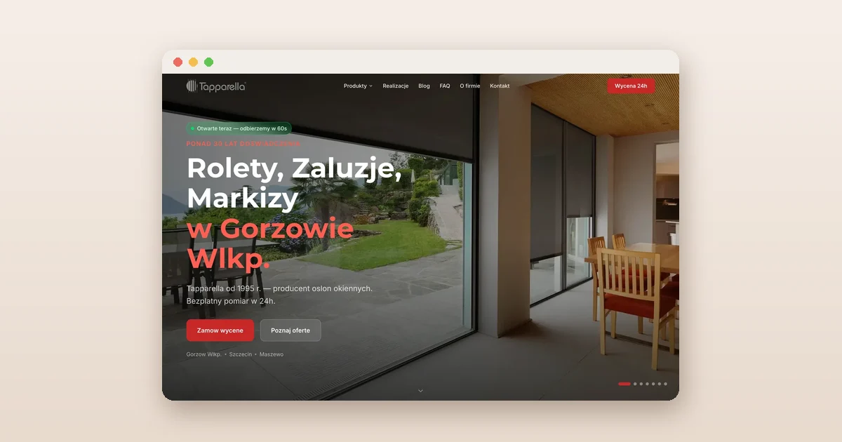 Strona producenta rolet i żaluzji z Gorzowa: wnętrze z roletami na dużych oknach i przycisk zamówienia wyceny.