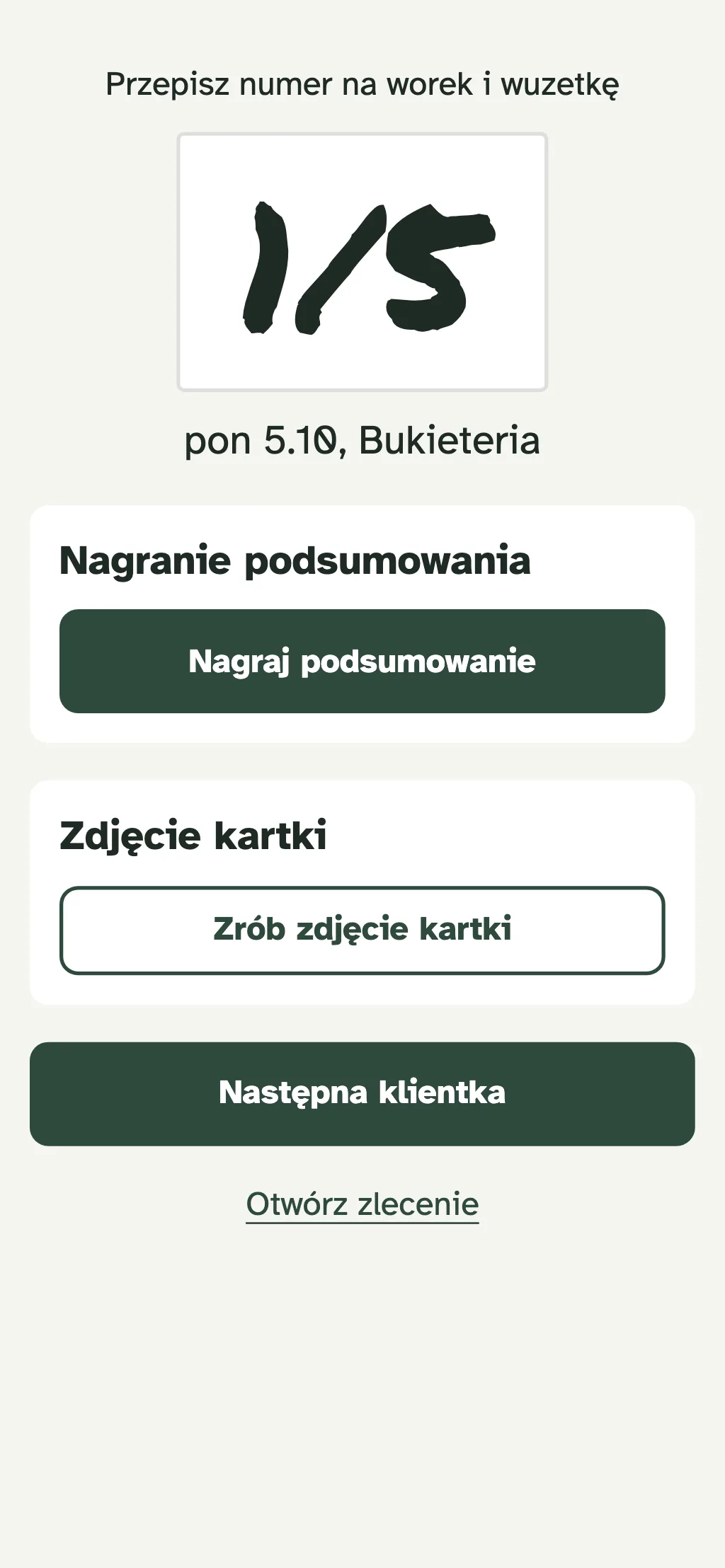 Zeszyt na telefonie: duży numer zamówienia 1/5 do przepisania na worek