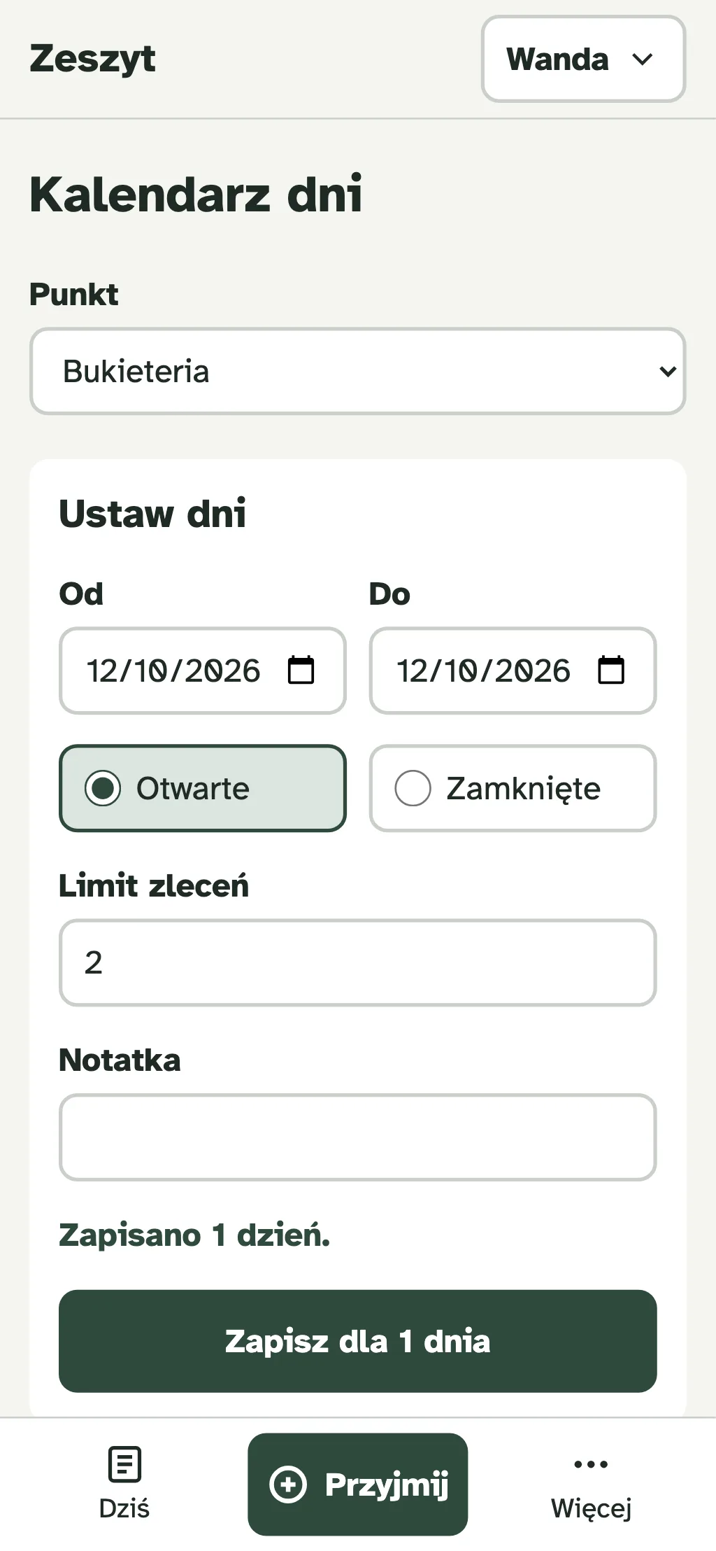 Kalendarz dni w Zeszycie: limit zleceń i zamykanie dnia dla punktu