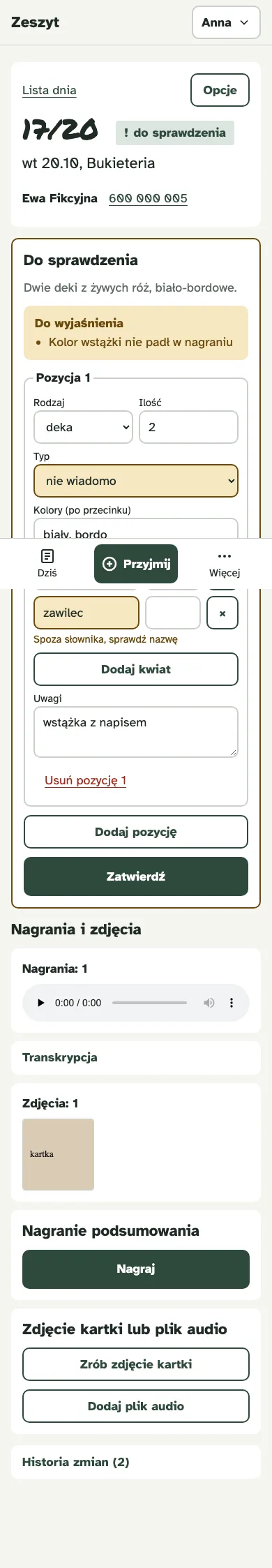 Szkic zlecenia od AI do sprawdzenia, z podświetloną niepewną pozycją