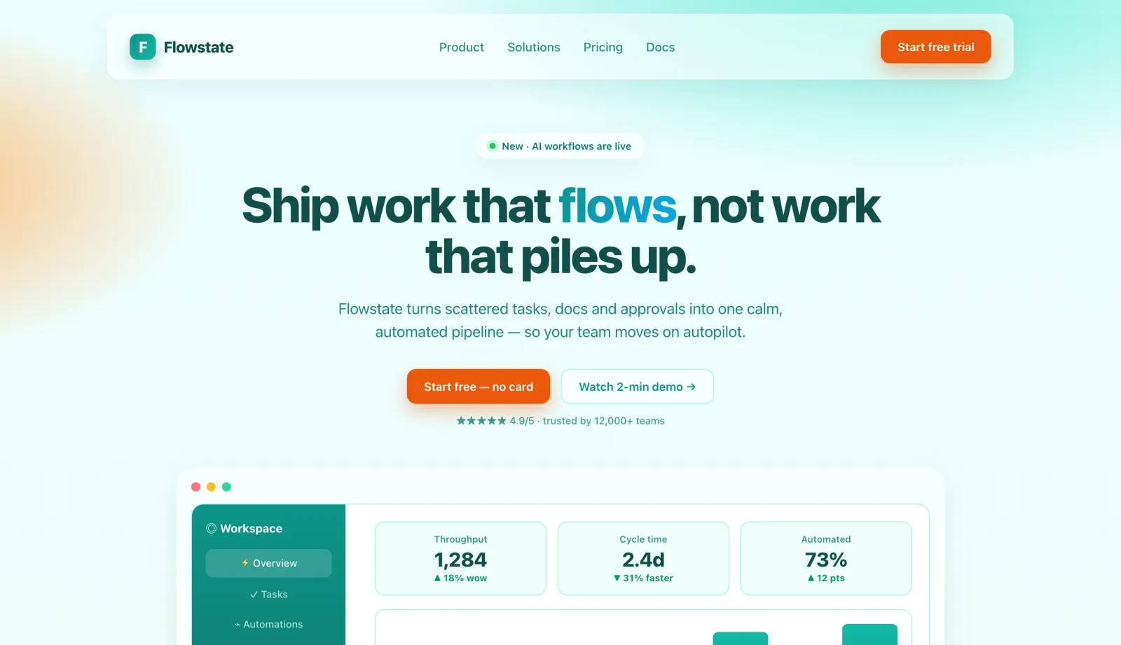 SaaS landing page in a glassmorphism style with a teal-and-orange palette and a frosted product dashboard mockup