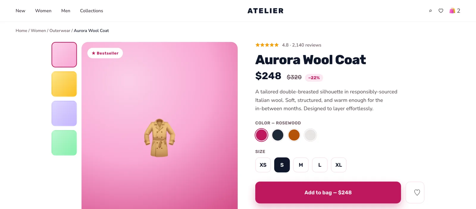 Minimal e-commerce product page for a wool coat with thumbnail gallery, color swatches, size selector and add-to-bag button