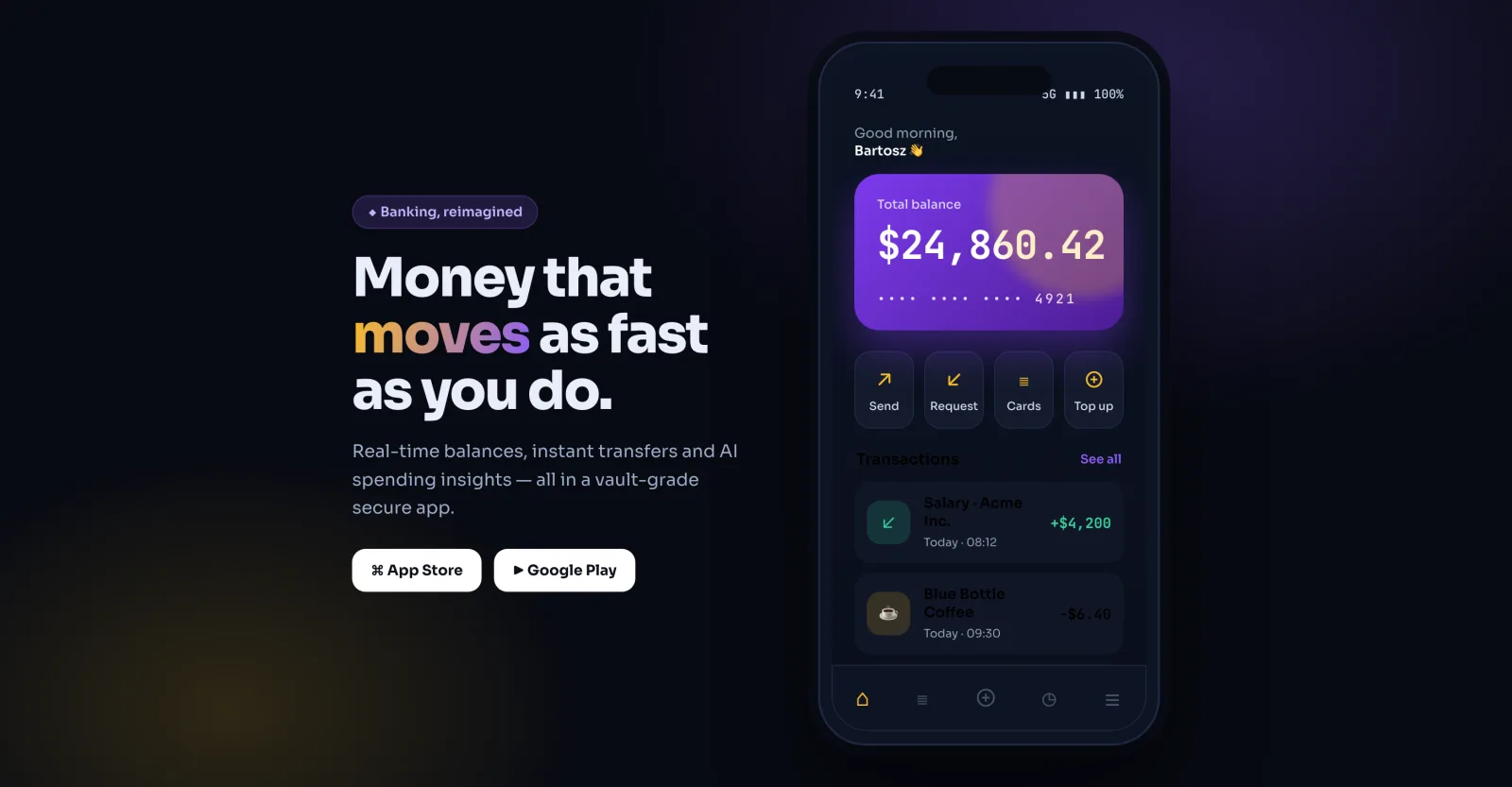 Fintech mobile banking app screen on a dark background showing a purple balance card, quick actions and a transaction list