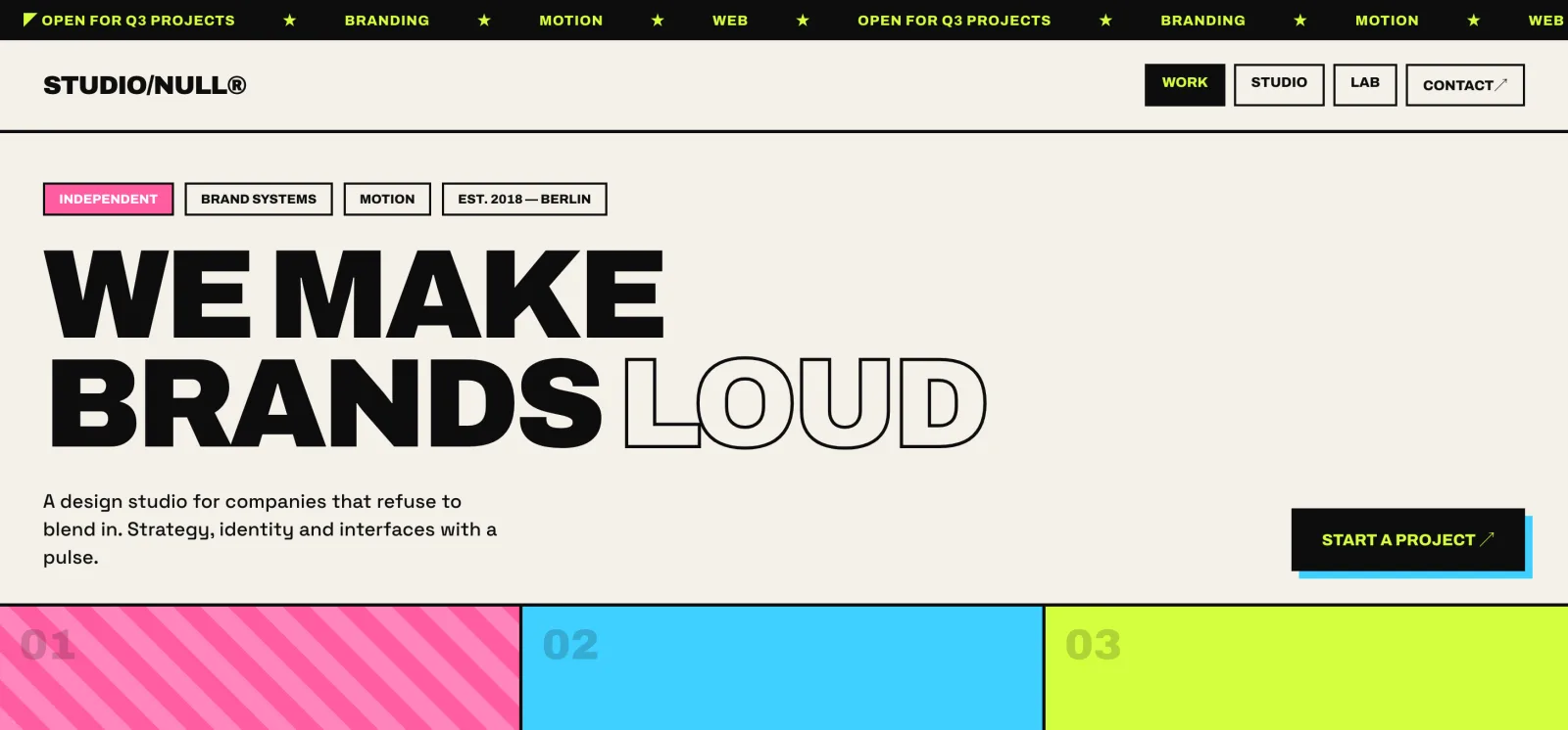Brutalist editorial creative-agency homepage with oversized uppercase headline and a colorful project grid
