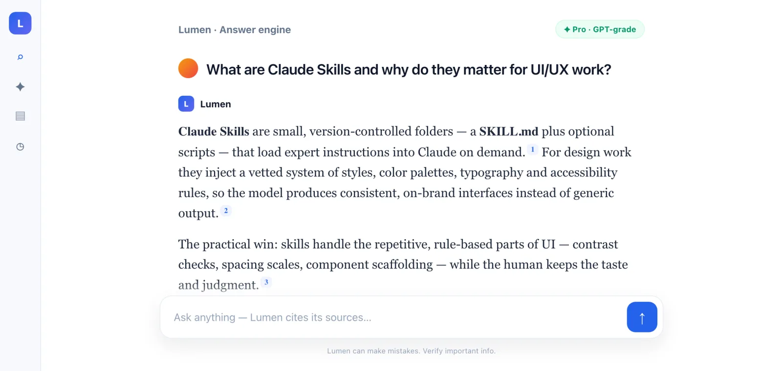 Minimal AI answer-engine interface showing a question, a cited answer with source cards and follow-up suggestions